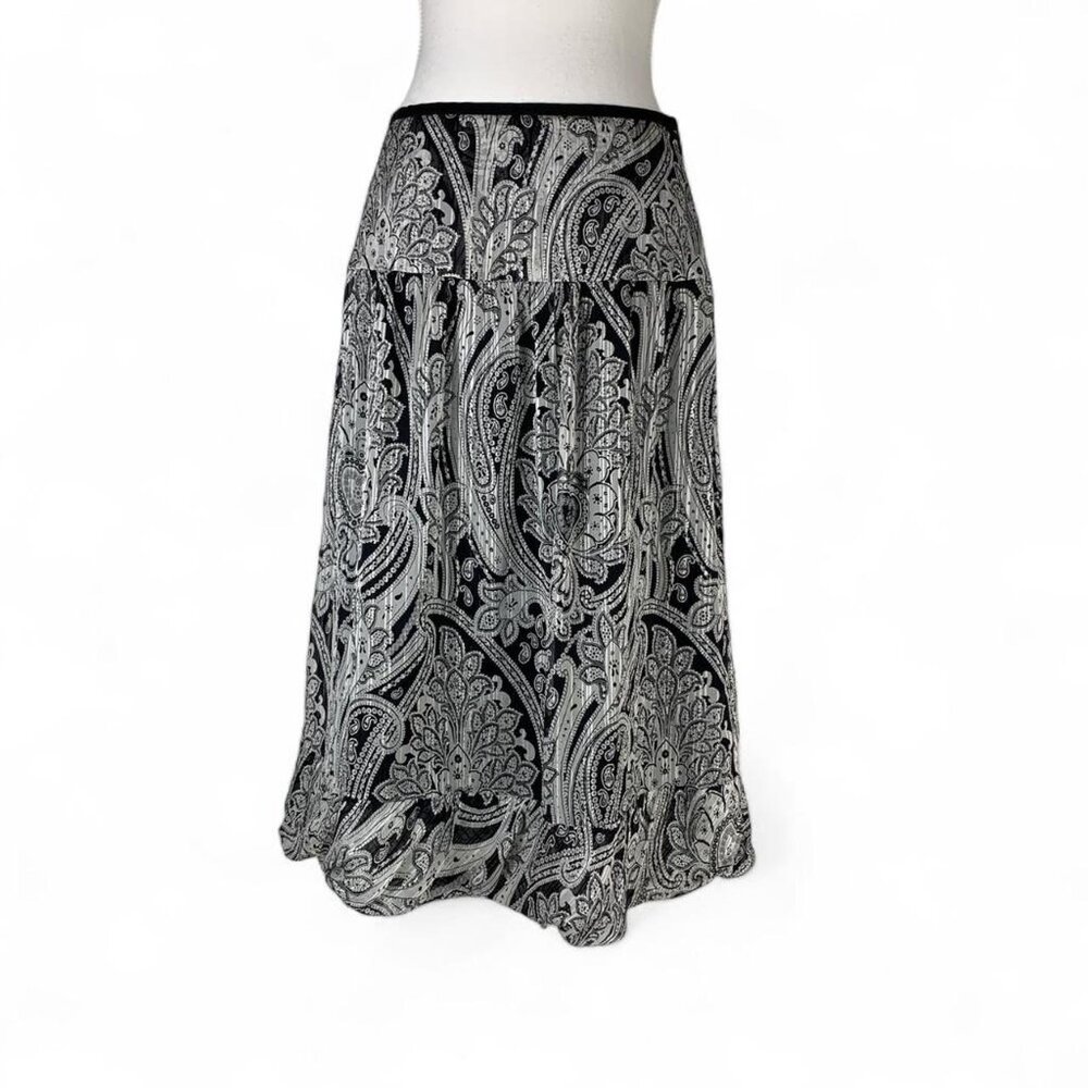 Max Mara Elegant Black & White Paisley Silk Midi Skirt - Size 8